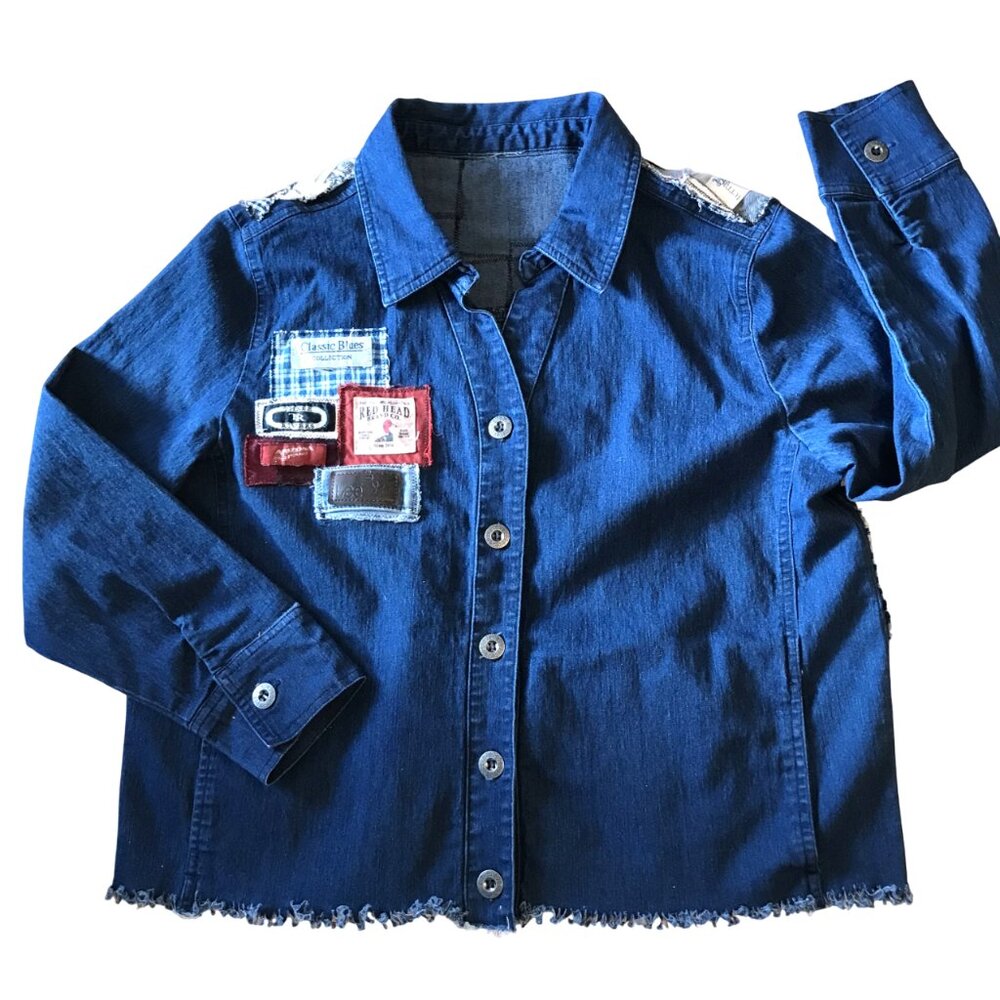 Upcycled Labels Jean Jacket Cropped Shirt Coat, Sewn-On Clothing Labels Sz S - M - Picture 6 of 16